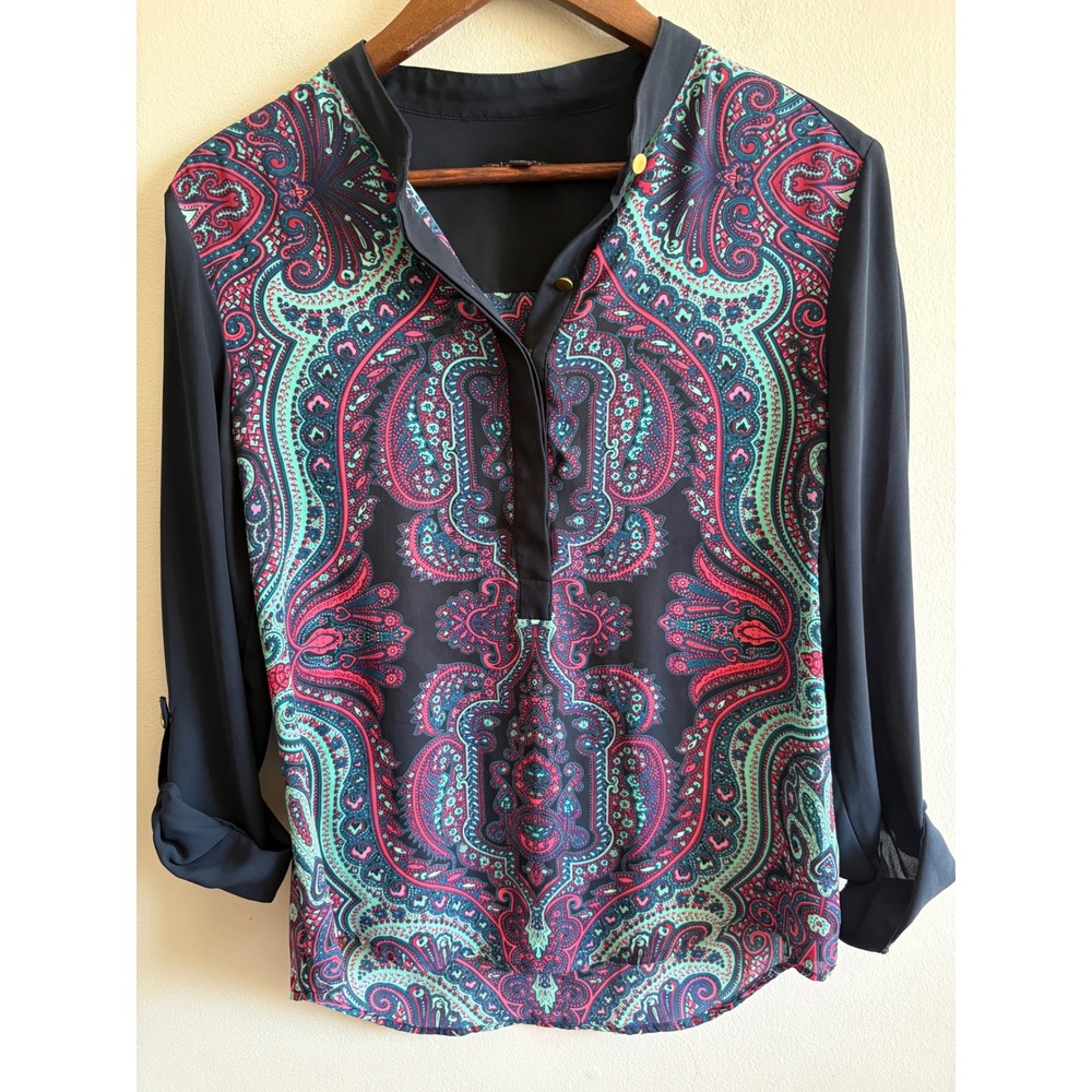 Paisley Boho Roll Tab Sleeve Blouse Navy Teal Pink